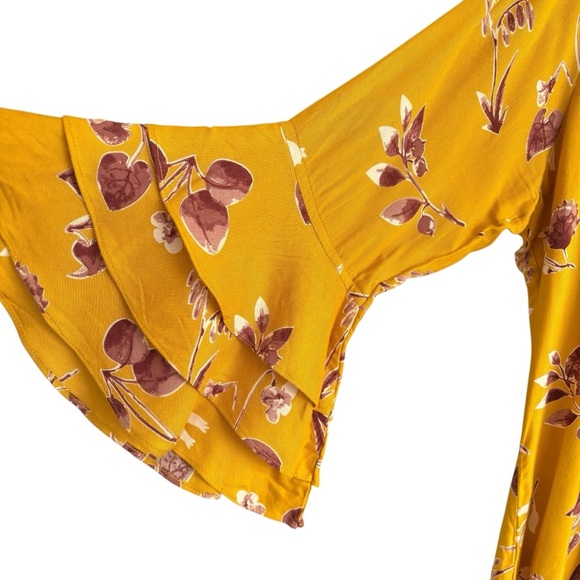 Mustard Yellow Floral Popover Blouse Tunic Ruffle Sleeves Peasant Bohemian XXL - Picture 4 of 16